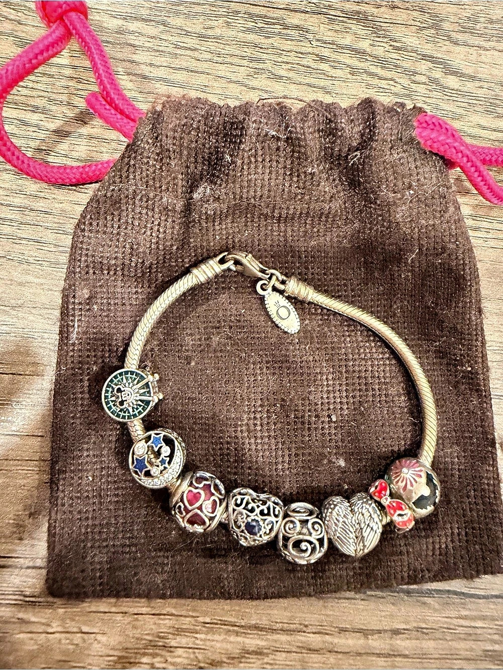 PANDORA Moments Barrel Clasp Snake Chain Bracelet Silver with multiple charms
